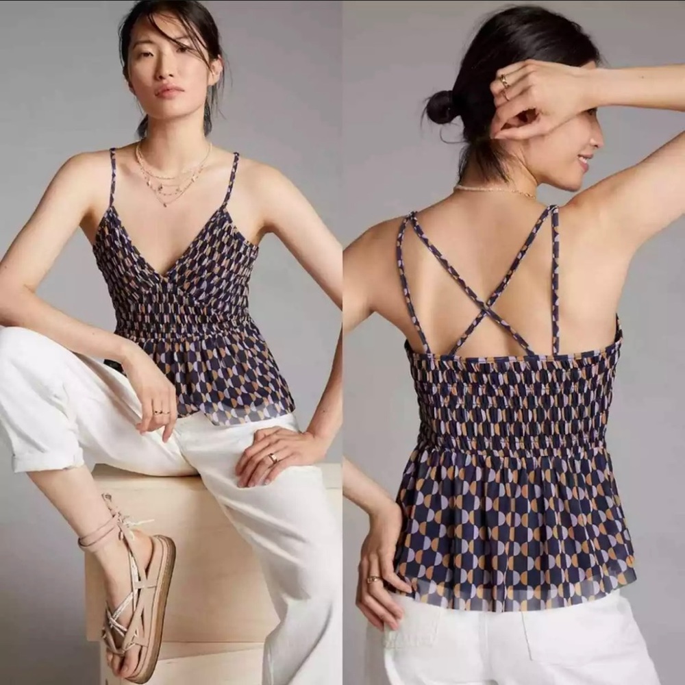 EUC Anthropologie Women’s Ruffled Mesh V-Neck Motif Tank Top Size M